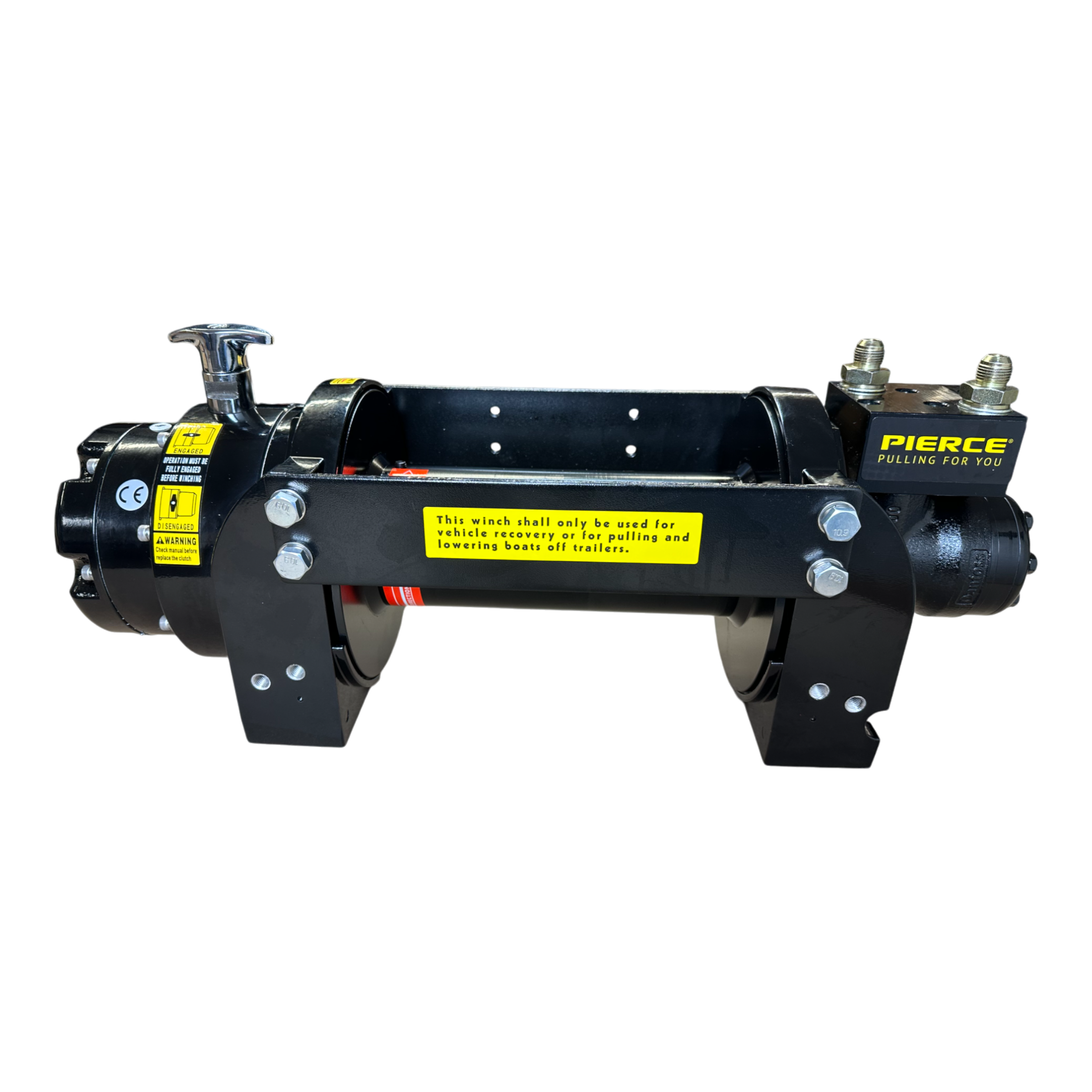 The PIERCE 10,000 lb Hydraulic Recovery Winch, in black with yellow labels, features a metal spool and an advanced planetary system designed for efficient hoisting and lifting. This model also includes a load-holding cone brake to enhance safety while maintaining optimal line speed.