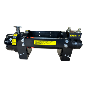 The PIERCE 10,000 lb Hydraulic Recovery Winch, in black with yellow labels, features a metal spool and an advanced planetary system designed for efficient hoisting and lifting. This model also includes a load-holding cone brake to enhance safety while maintaining optimal line speed.