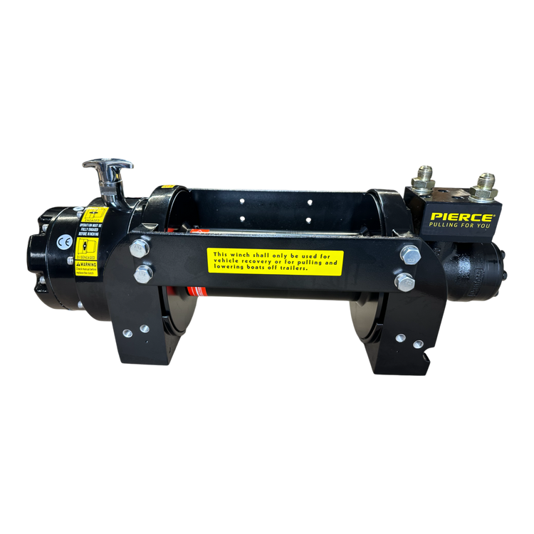 The PIERCE 10,000 lb Hydraulic Recovery Winch, in black with yellow labels, features a metal spool and an advanced planetary system designed for efficient hoisting and lifting. This model also includes a load-holding cone brake to enhance safety while maintaining optimal line speed.