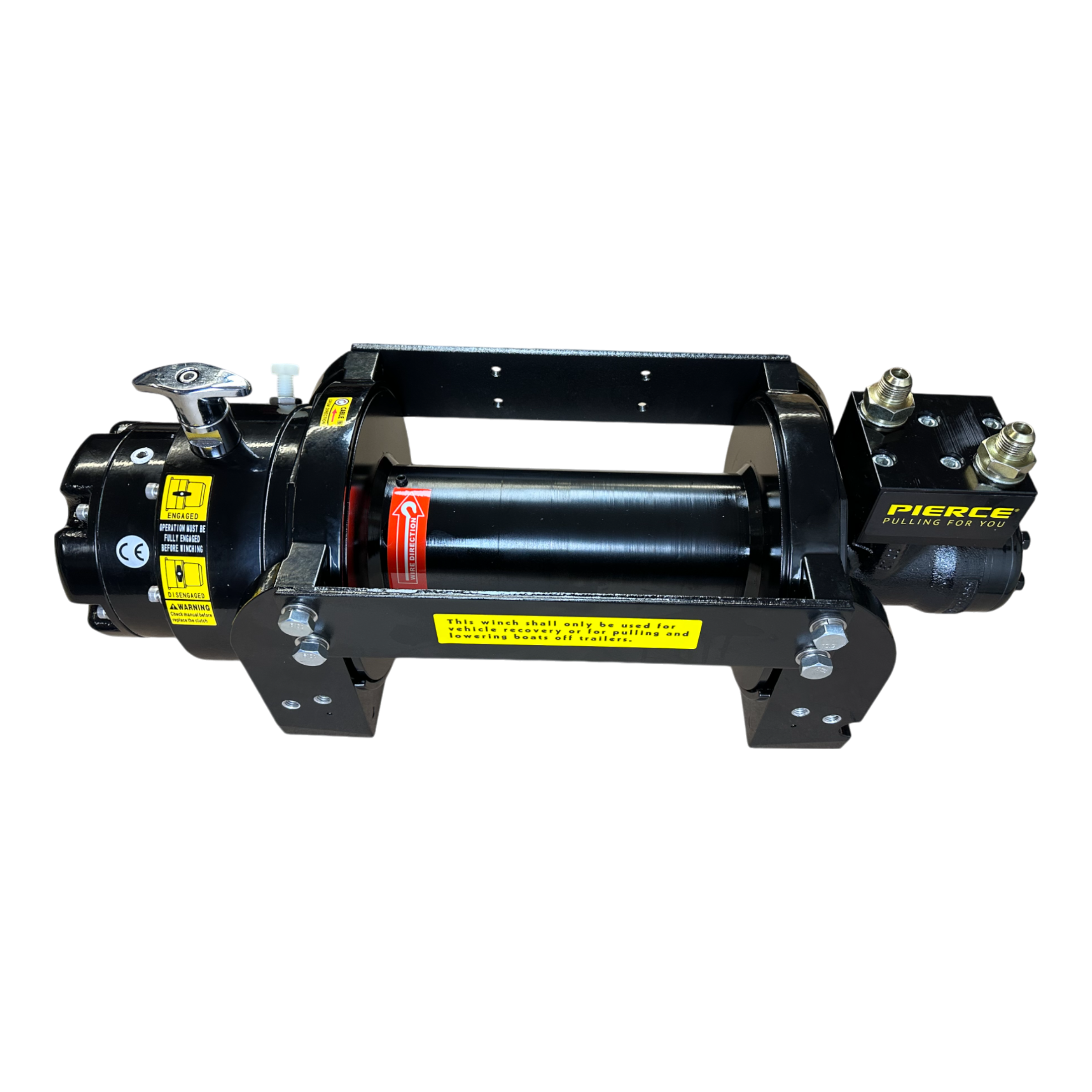 The PIERCE 10,000 lb Hydraulic Recovery Winch comes with a black frame and yellow labels, featuring a central spool and control components. This planetary winch provides precise line speed and improved safety thanks to its load holding cone brake system.