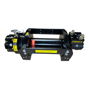 The PIERCE 10,000 lb Hydraulic Recovery Winch comes with a black frame and yellow labels, featuring a central spool and control components. This planetary winch provides precise line speed and improved safety thanks to its load holding cone brake system.