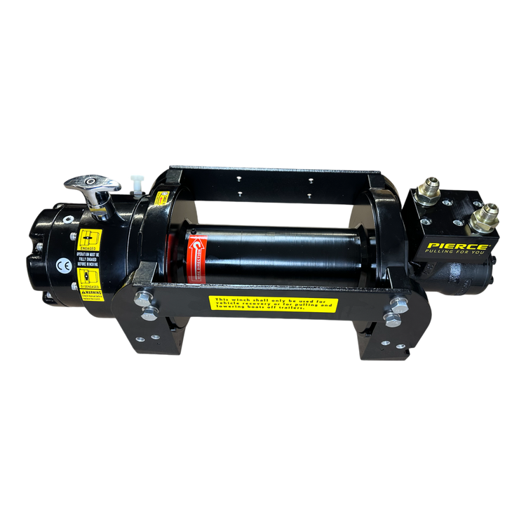 The PIERCE 10,000 lb Hydraulic Recovery Winch comes with a black frame and yellow labels, featuring a central spool and control components. This planetary winch provides precise line speed and improved safety thanks to its load holding cone brake system.