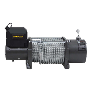 The black 20,000 lb Recovery Winch by PIERCE, engineered for heavy-duty tasks, includes a metal cable coiled around it, making it ideal for off-roading adventures.