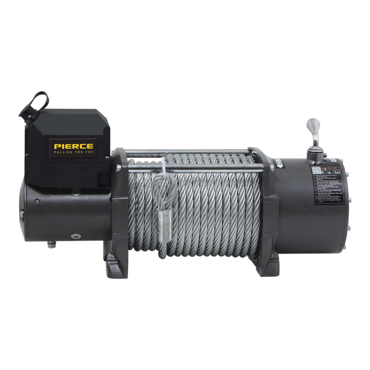 The black 20,000 lb Recovery Winch by PIERCE, engineered for heavy-duty tasks, includes a metal cable coiled around it, making it ideal for off-roading adventures.