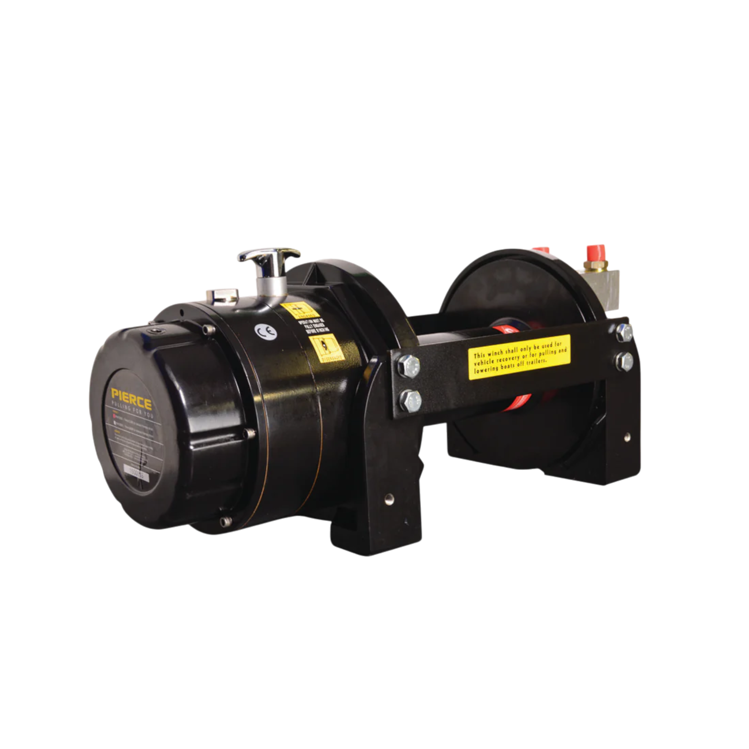 Black hydraulic recovery winch by PIERCE, capable of 15,000 lb capacity, featuring an electric planetary design with spool and handle, a load holding cone brake, all mounted on a sturdy base against a plain background.