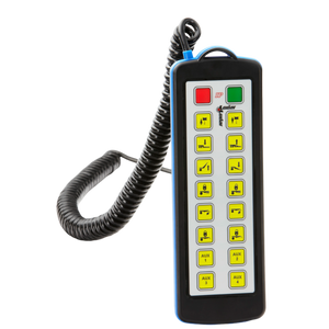 The 16 Function Lodar Hard-Wired Remote | 92 Series by Lodar LTD features yellow buttons along with red and green function keys, all connected via a coiled black cord. It is equipped with a durable waterproof Bulgin connector, seamlessly accommodating 16 functions.