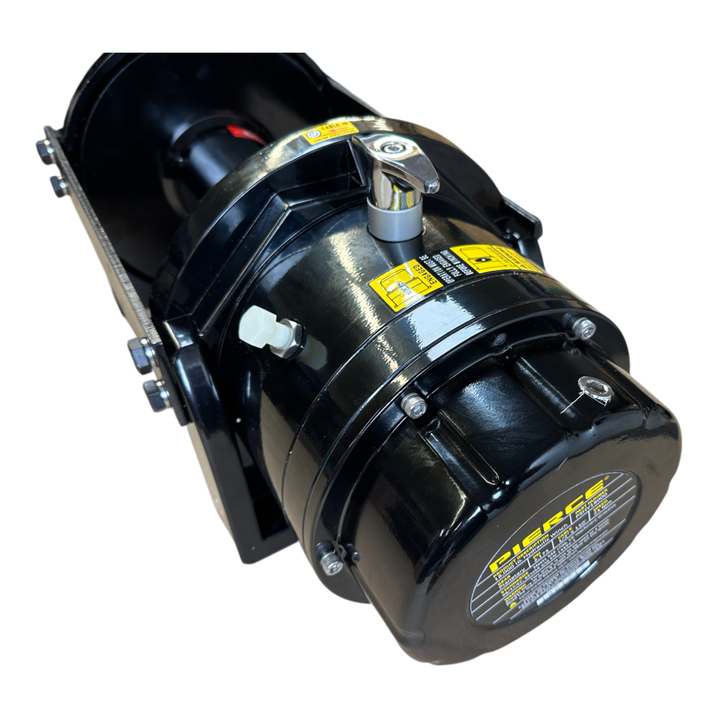 Close-up of the PIERCE 18,000 lb Hydraulic Recovery Winch in black, showcasing yellow warnings and a secure lock mechanism. Perfect for vehicle recovery, it is equipped with a load-holding cone brake to ensure maximum safety and efficiency.