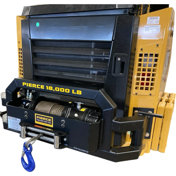 The 18,000 lb Hydraulic Recovery Winch by PIERCE showcases a heavy-duty design with a distinct yellow and black housing complemented by a blue hook. Ideal for vehicle recovery tasks, it includes a dependable load-holding cone brake to ensure enhanced safety.