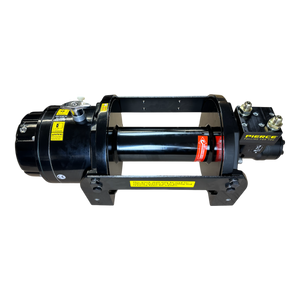 Introducing the PIERCE 18,000 lb Hydraulic Recovery Winch: a sleek black device featuring a sturdy drum, robust motor, and precise wiring set on a durable metal frame against a dark backdrop. This winch is ideal for vehicle recovery with its efficient planetary gearing system and dependable load-holding cone brake.