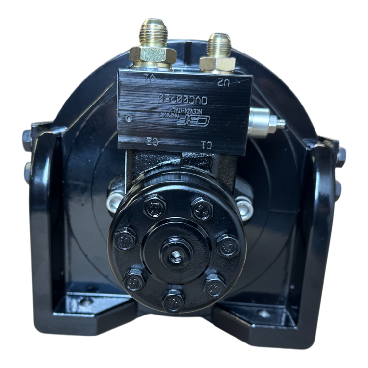 Front view of the 18,000 lb PIERCE Hydraulic Recovery Winch featuring brass connectors and a black mounting bracket, perfect for integration with a vehicle recovery system utilizing a planetary winch.