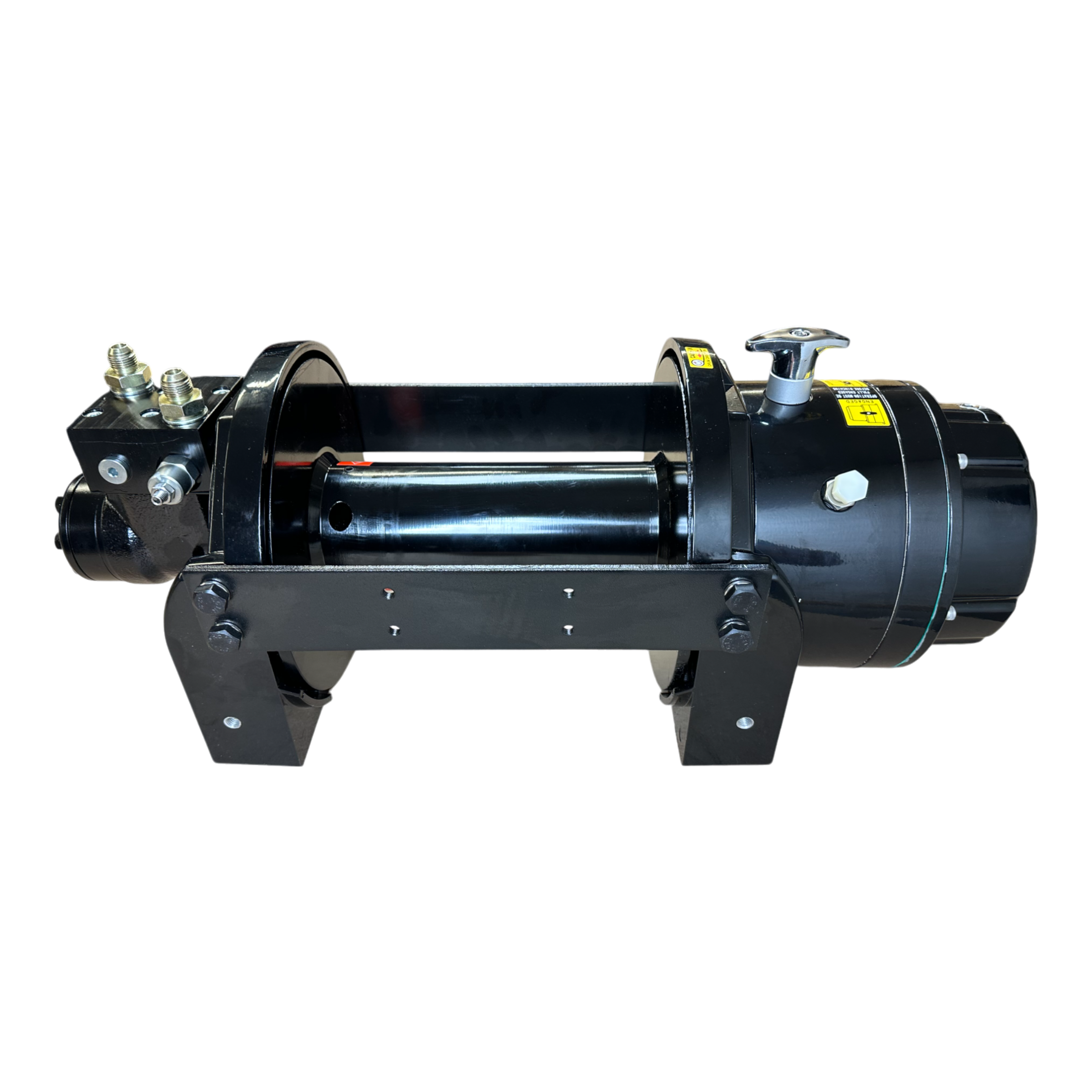 A black PIERCE 18,000 lb Hydraulic Recovery Winch, featuring metal brackets and connectors, stands prominently against a black background. Its design echoes the precision necessary for systems like a planetary winch, ensuring efficiency in demanding environments.