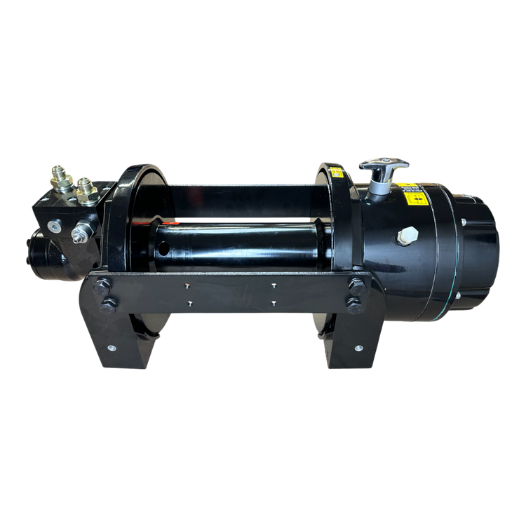 A black PIERCE 18,000 lb Hydraulic Recovery Winch, featuring metal brackets and connectors, stands prominently against a black background. Its design echoes the precision necessary for systems like a planetary winch, ensuring efficiency in demanding environments.