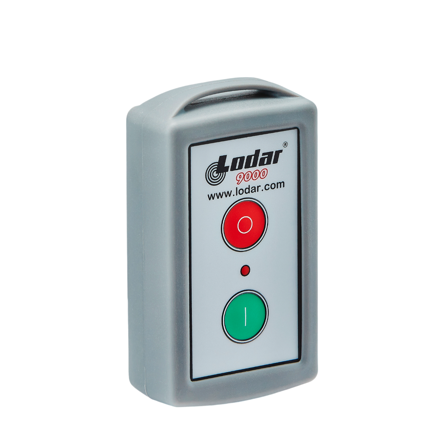 The 1 Function Lodar Replacement Standard Transmitter from the Lodar 9000 Series features distinctive red and green buttons. Offered by Lodar LTD, this reliable remote control comes with an easily accessible website link for quick replacements and more information.