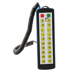 The Lodar LTD 20 Function Hard-Wired Remote from the 9000 Series features a coiled cable, green and red buttons, numeric and function keys. It comes with a waterproof Bulgin connector for added reliability and includes a 20-function backup capability.