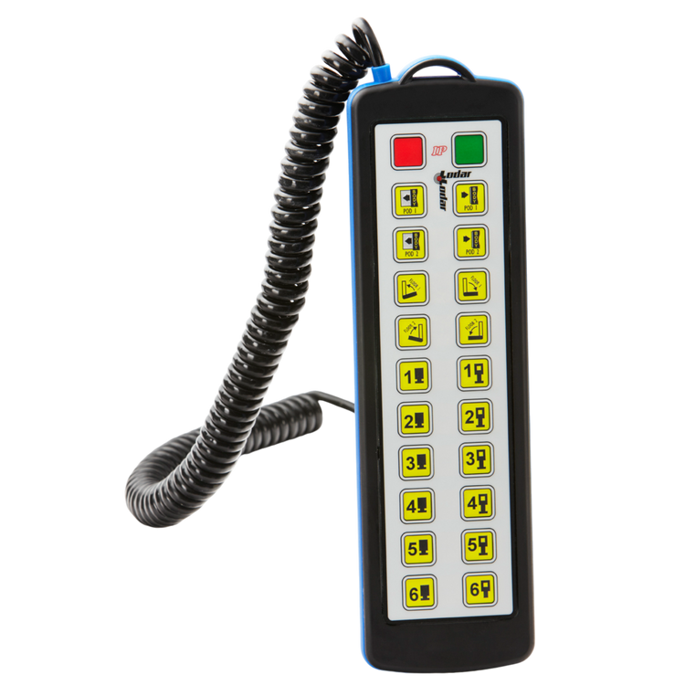 The Lodar LTD 20 Function Hard-Wired Remote from the 9000 Series features a coiled cable, green and red buttons, numeric and function keys. It comes with a waterproof Bulgin connector for added reliability and includes a 20-function backup capability.