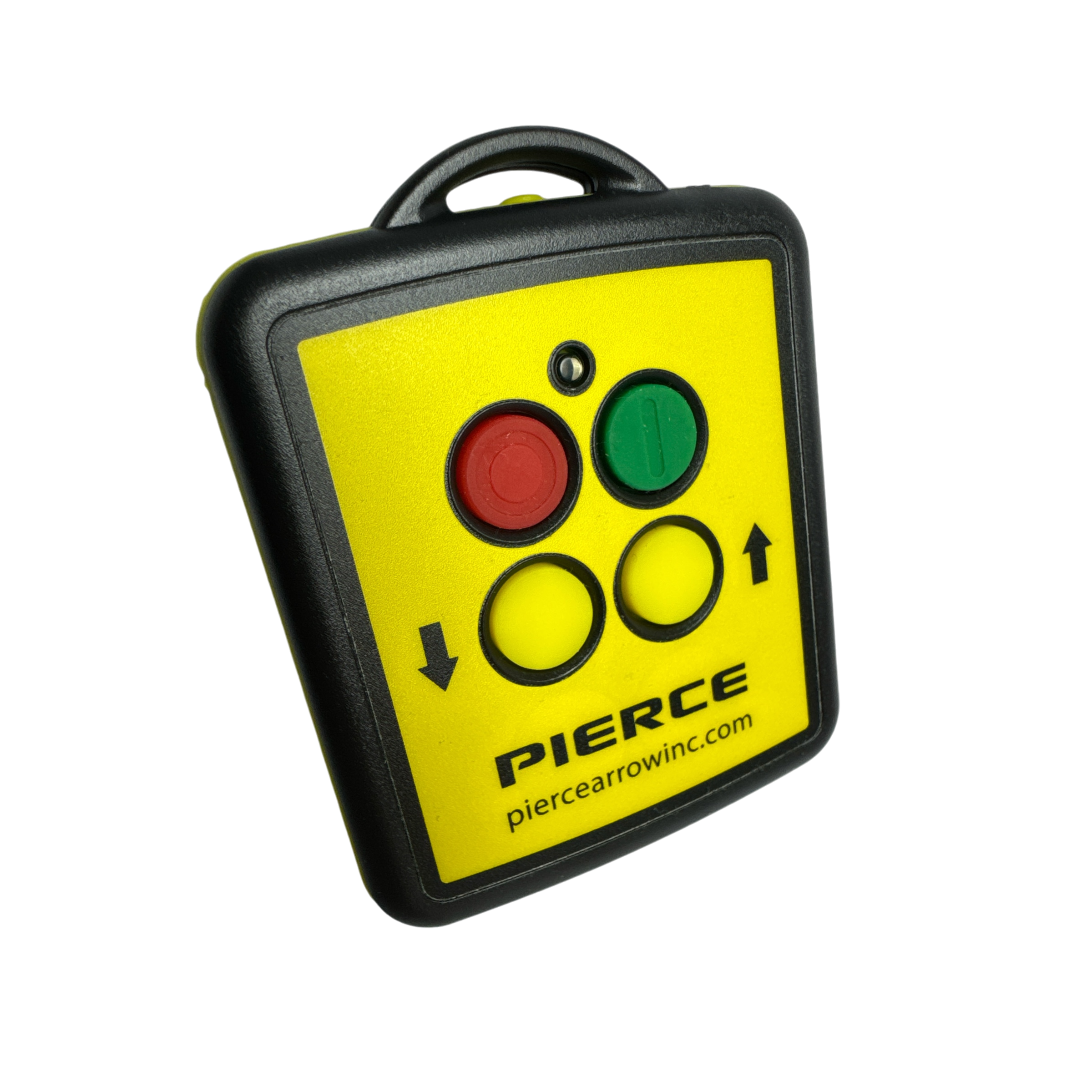 The 2F Wireless Remote Transmitter by PIERCE is a yellow remote control featuring red and green buttons, and offers a range of 150 ft, making it an excellent choice for wireless operation.