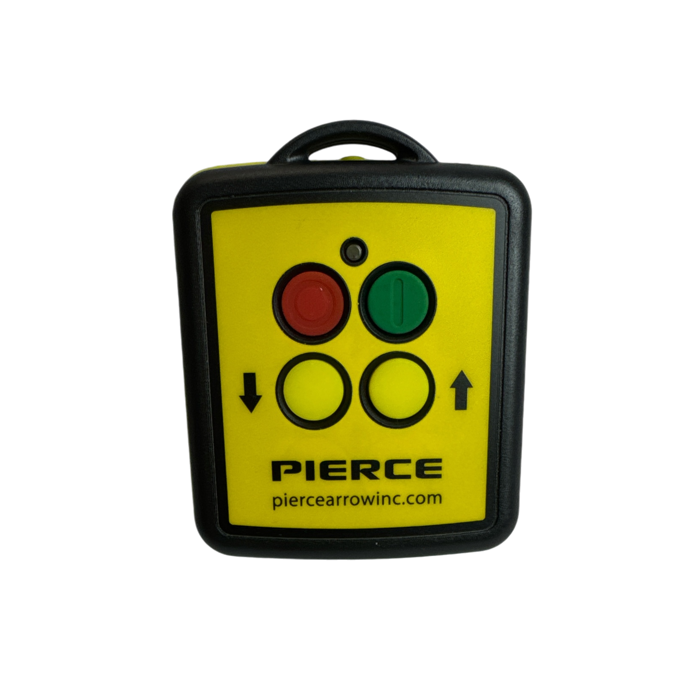 The 2F Wireless Remote Transmitter by PIERCE features a yellow design with red and green buttons, arrow symbols, and is part of the PS002 series. It offers a wireless range of 150 ft.