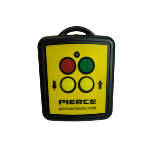 The 2F Wireless Remote Transmitter by PIERCE features a yellow design with red and green buttons, arrow symbols, and is part of the PS002 series. It offers a wireless range of 150 ft.