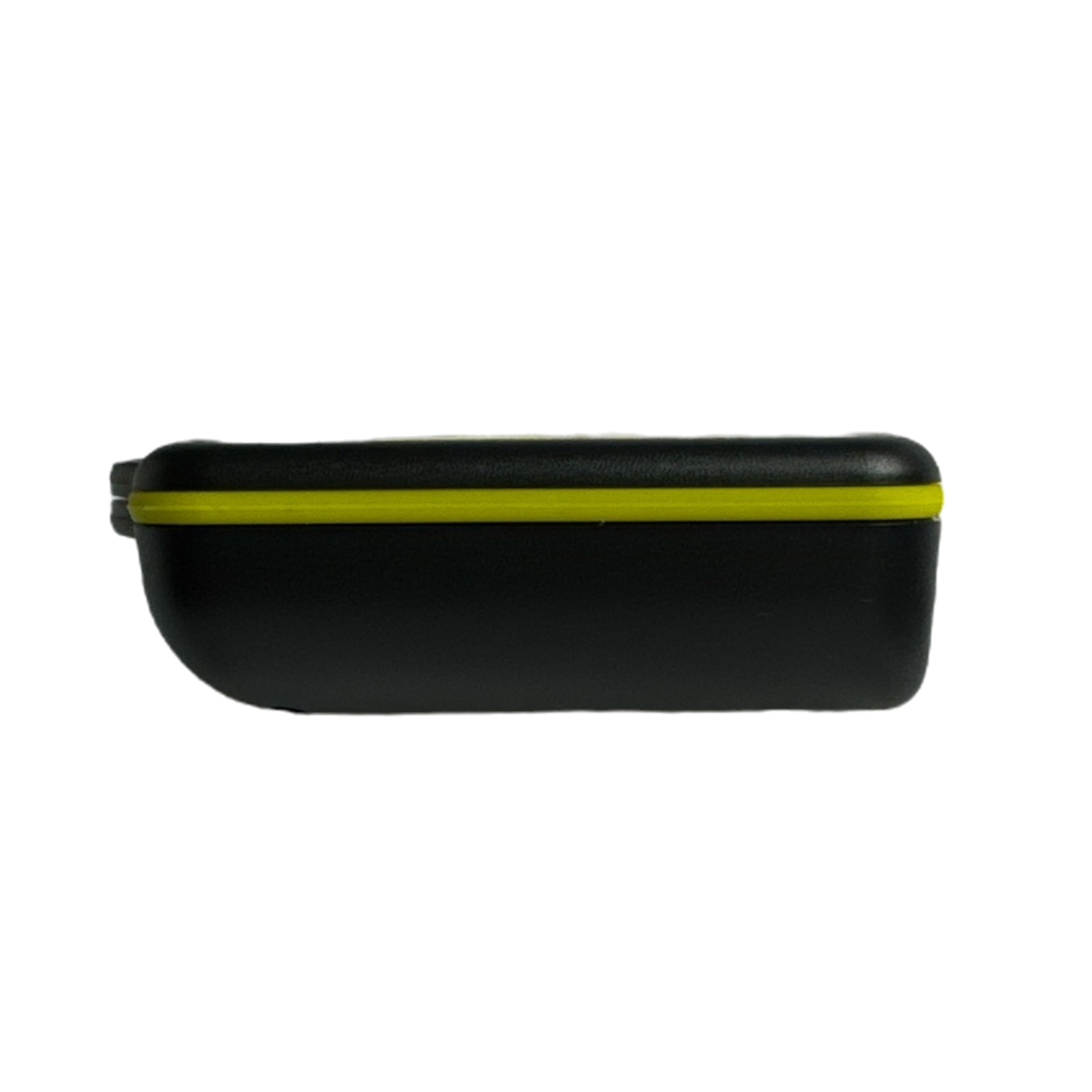 A sleek black and yellow rectangular case with a latch, viewed from the side, designed to house solenoid-operated equipment, ensuring seamless integration with your PIERCE 2 Function Wireless Remote Control System operating at 433 MHz.