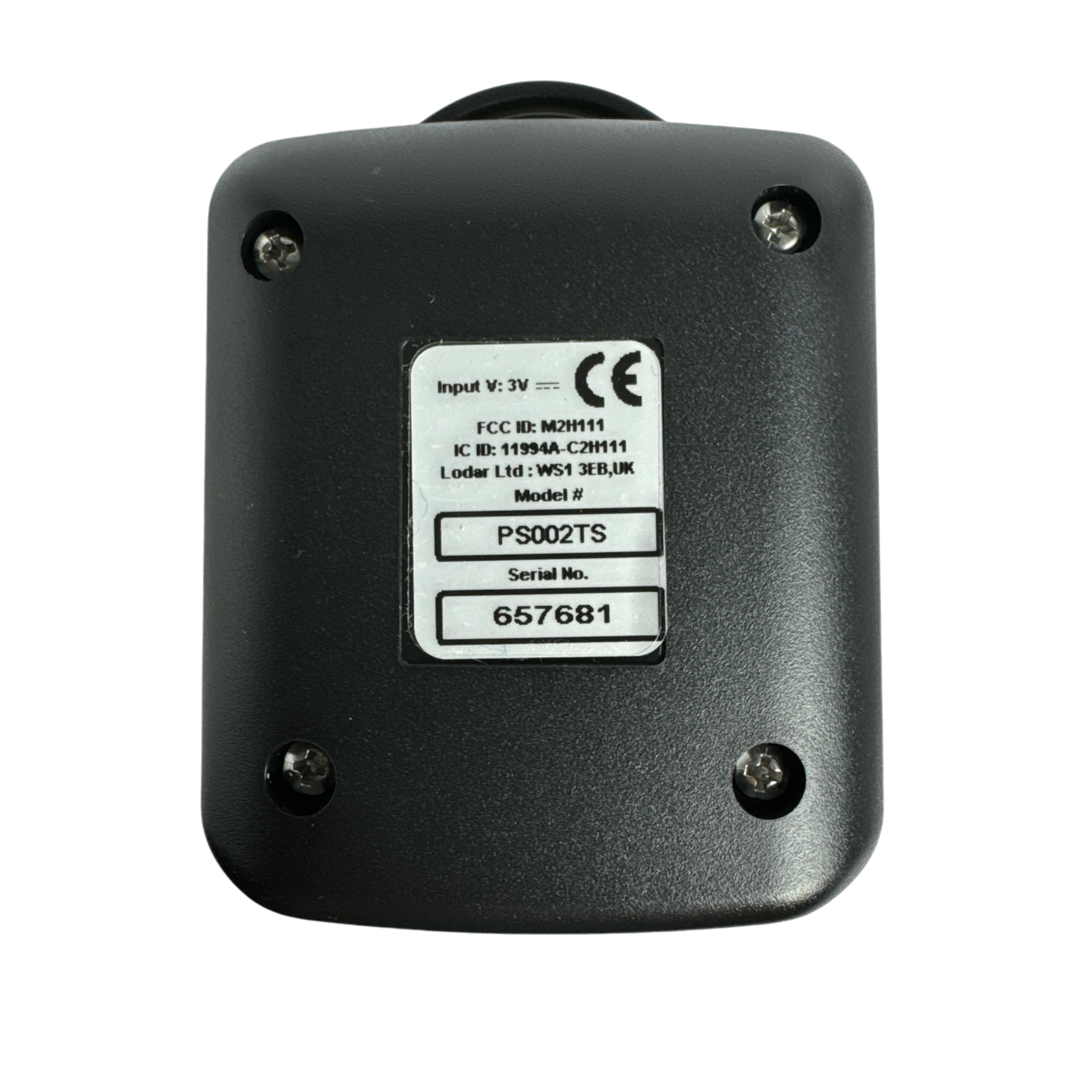 The 2F Wireless Remote Transmitter in a sleek black design features a label with input and model details. As a compatible 2-function replacement, it integrates seamlessly with your PIERCE Wireless Remote system for enhanced convenience and control.