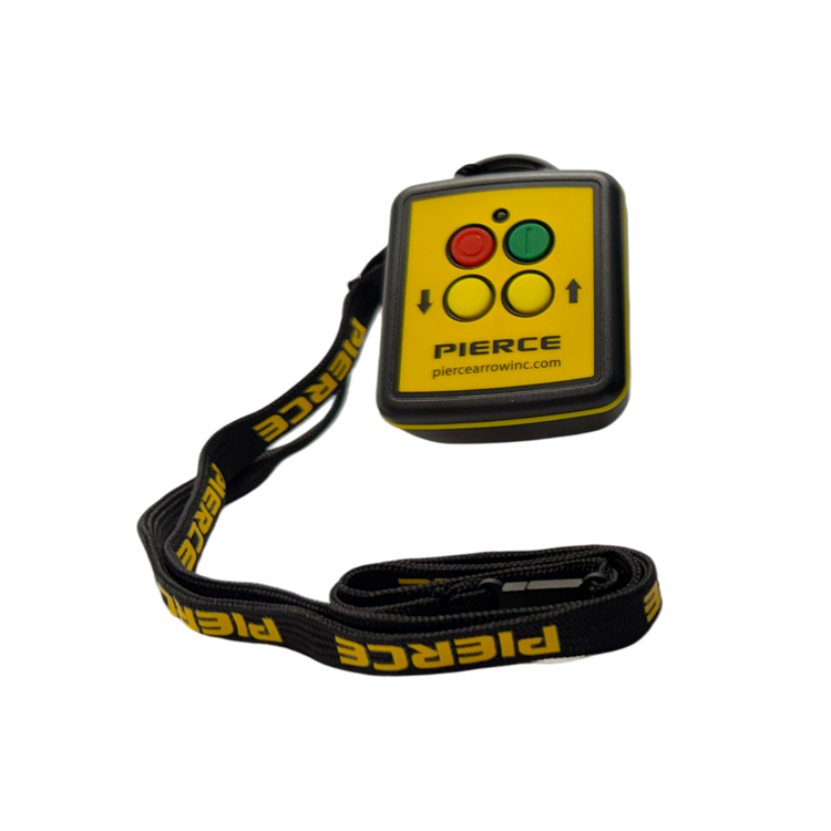 A handheld mini transmitter in yellow and black, featuring buttons and a lanyard, is available as the PIERCE 2F Wireless Remote Transmitter, providing a 2-function replacement solution.