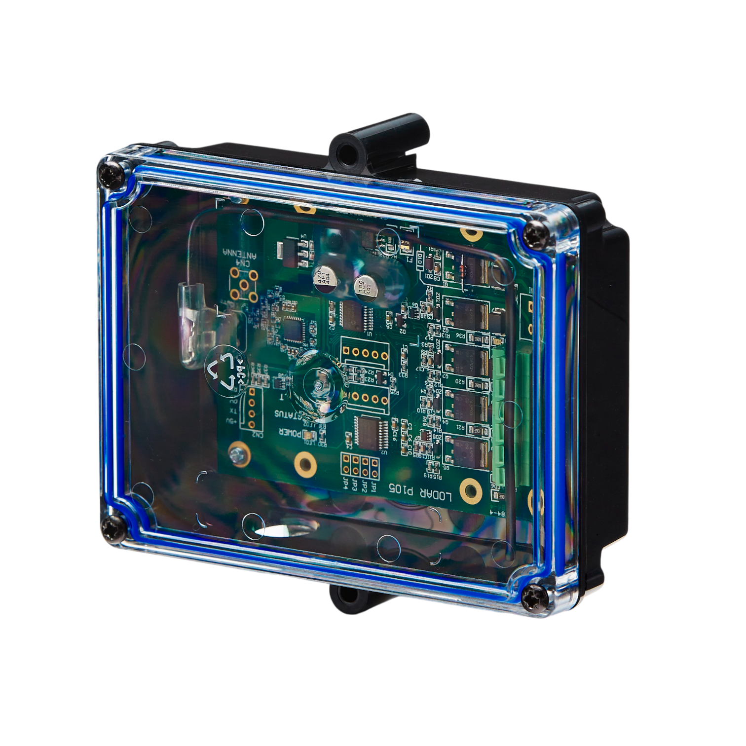 A transparent electronic casing showcases the intricate circuit board of the Lodar LTD 2 Function 12/24V Replacement Receiver from the 11 Series against a black background, featuring an impressive IP67 rating for superior protection and durability.