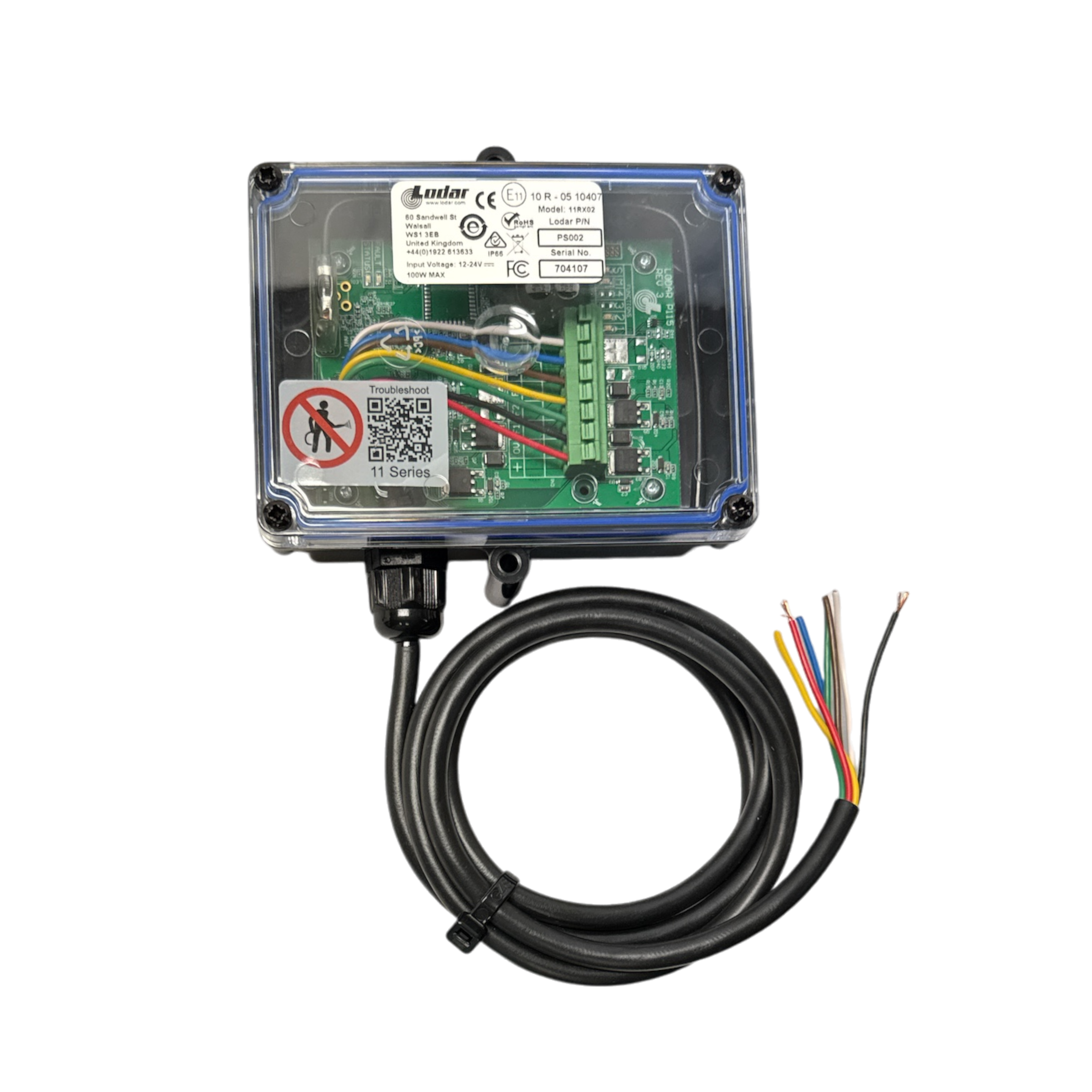 The 2 Function 12/24V PIERCE Replacement Receiver by Lodar LTD features a transparent electronic control box with an IP 67 rating, intricate wiring, and a warning label. It is seamlessly connected to a multi-colored cable, ensuring reliable operation within a 150 ft. operating distance.