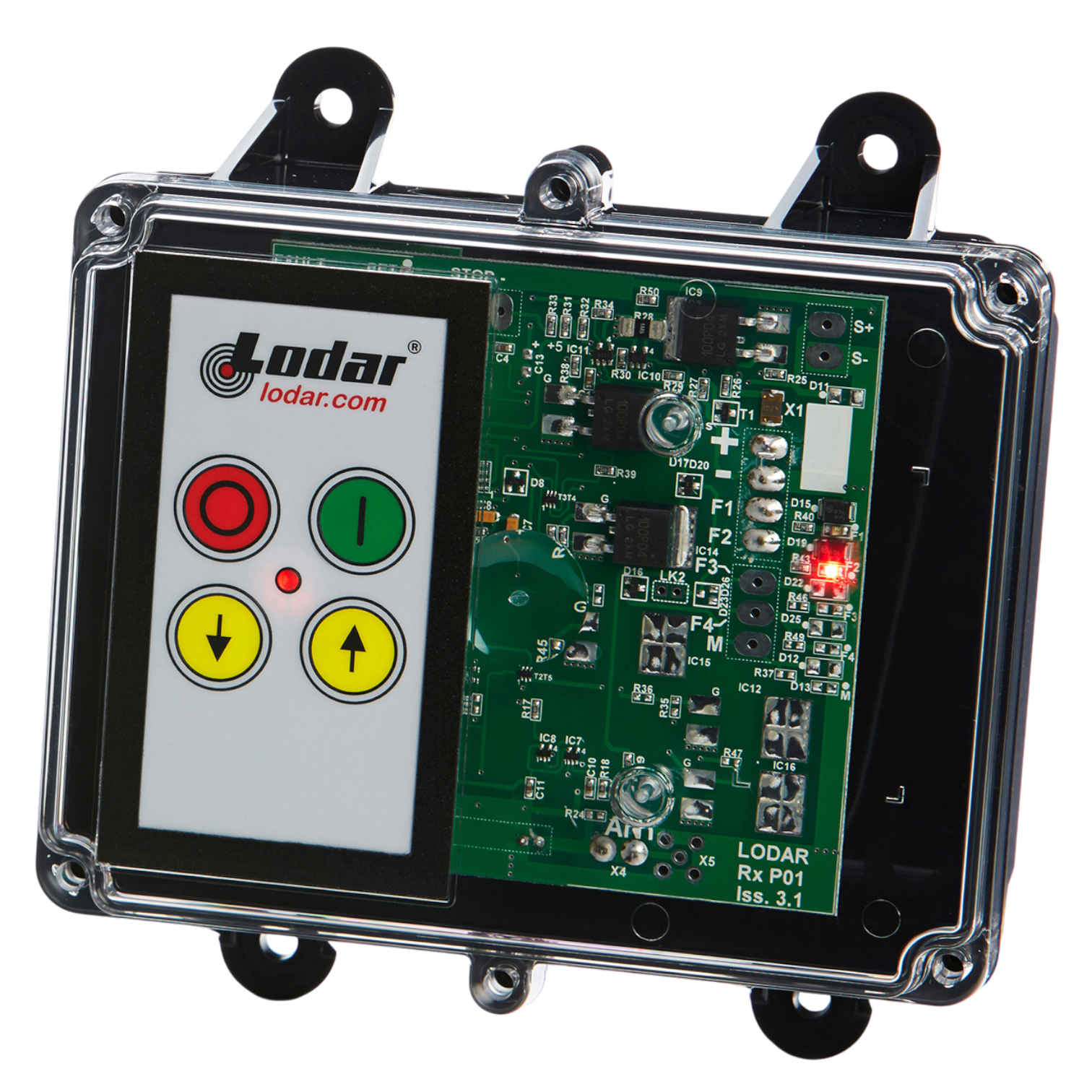 The 2 Function Lodar Replacement FET Keypad Receiver from Lodar LTD showcases a transparent electronic control box equipped with a circuit board and colored buttons on the left side, featuring a built-in keypad for seamless control.