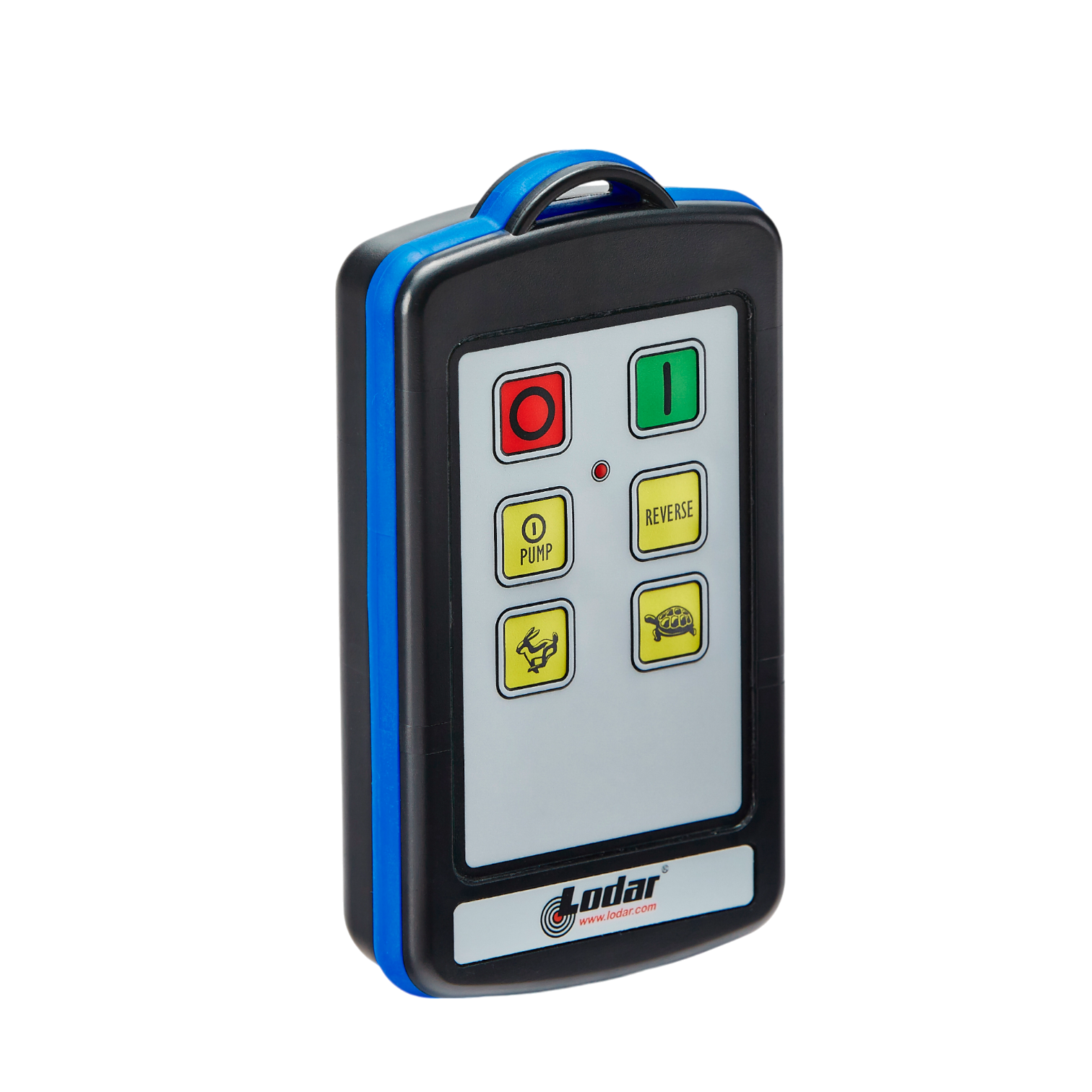 A compact Lodar LTD 9000 Series handheld remote control, styled as a 2-function replacement IP transmitter, featuring distinct buttons ideal for essential functions. Perfect for ensuring seamless operation when used as a backup transmitter.