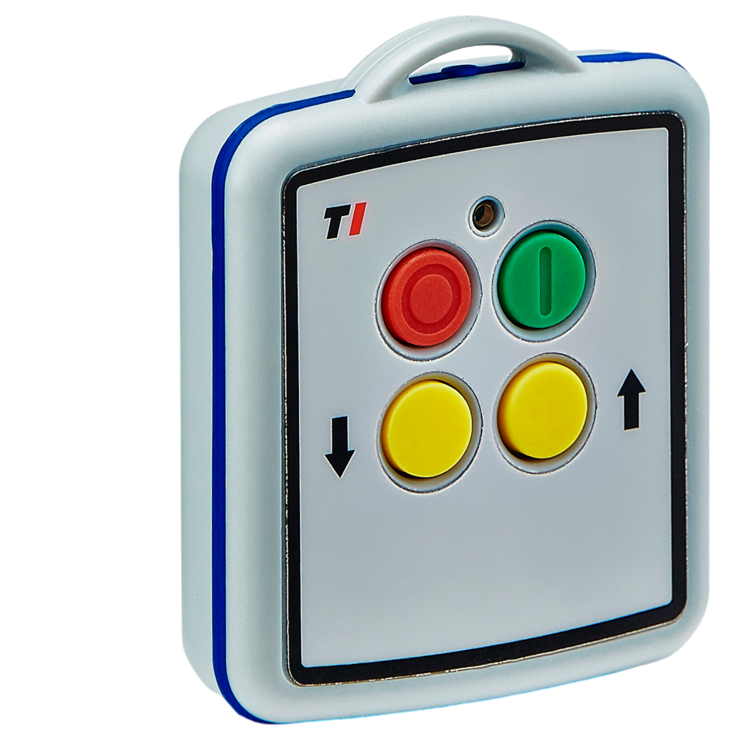 The 2 Function Lodar Replacement Mini Transmitter from the 11 Series by Lodar LTD includes a compact handheld remote featuring four vibrant buttons: two yellow, one red, and one green, designed for easy control.