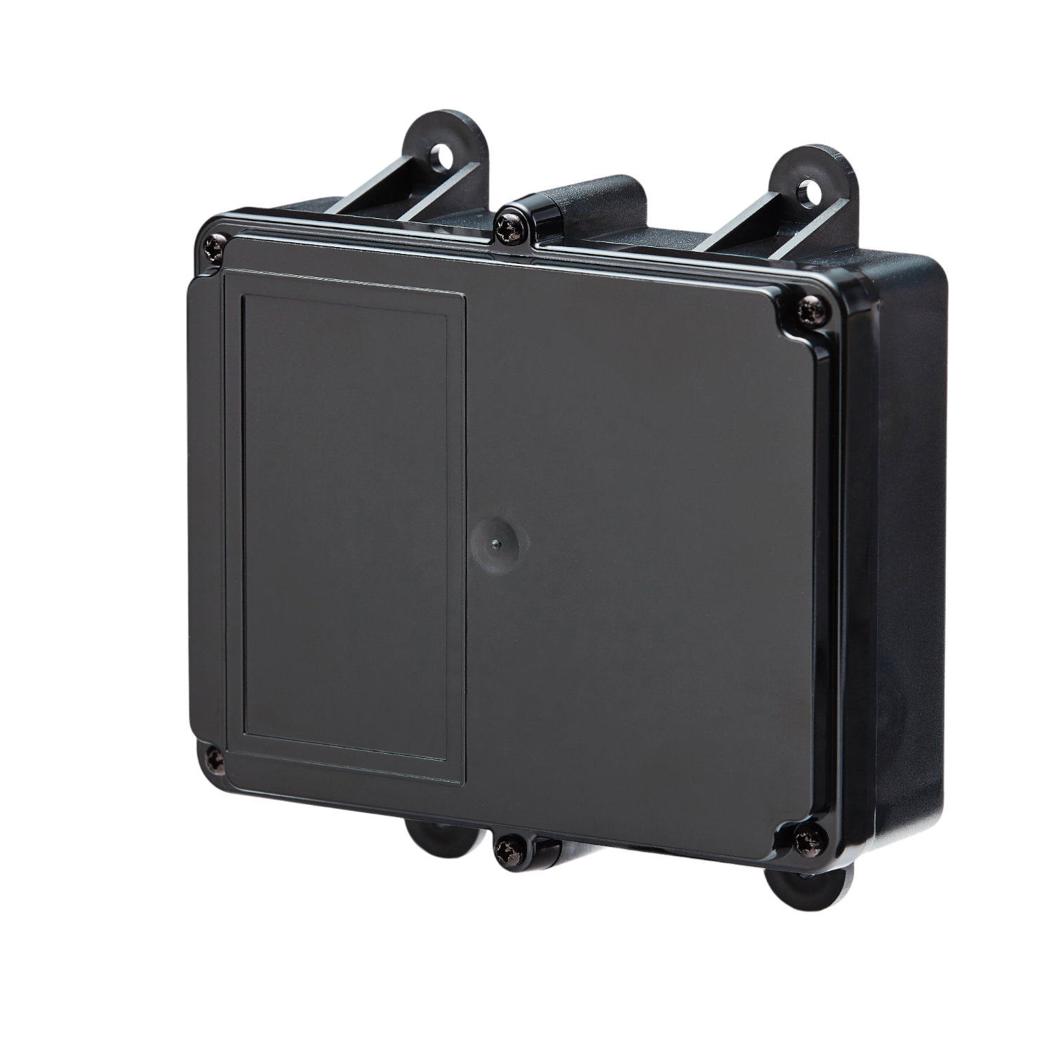 A black, rectangular junction box featuring a hinged lid and wall-mount brackets, designed to house components of the 2 Function Lodar Replacement Relay Receiver by Lodar LTD, and is weatherproof.