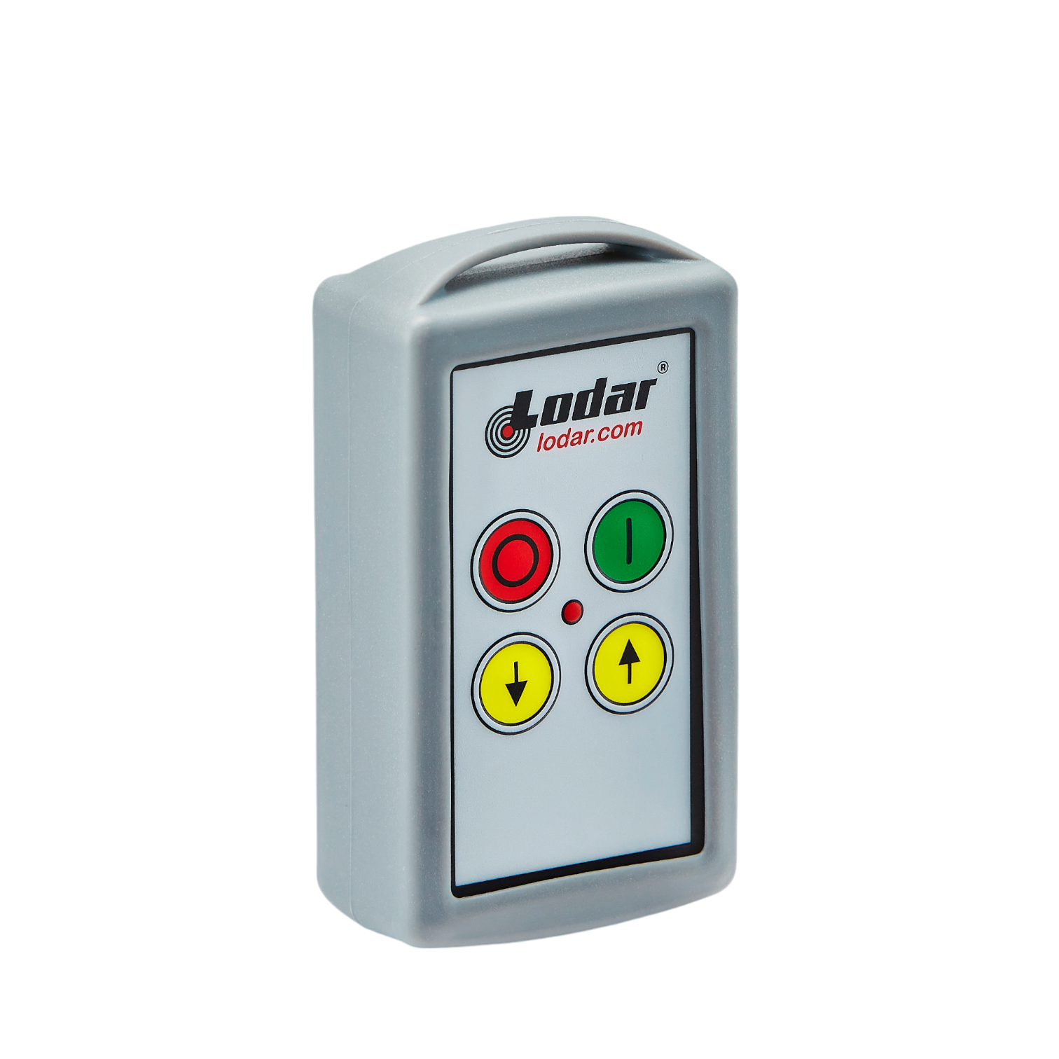 The gray remote control from Lodar LTD, featuring their branding on top, includes four colored buttons: red, green up, yellow down, and black. It is compatible with the 2 Function Lodar Replacement Standard Transmitter from the 9000 Series.