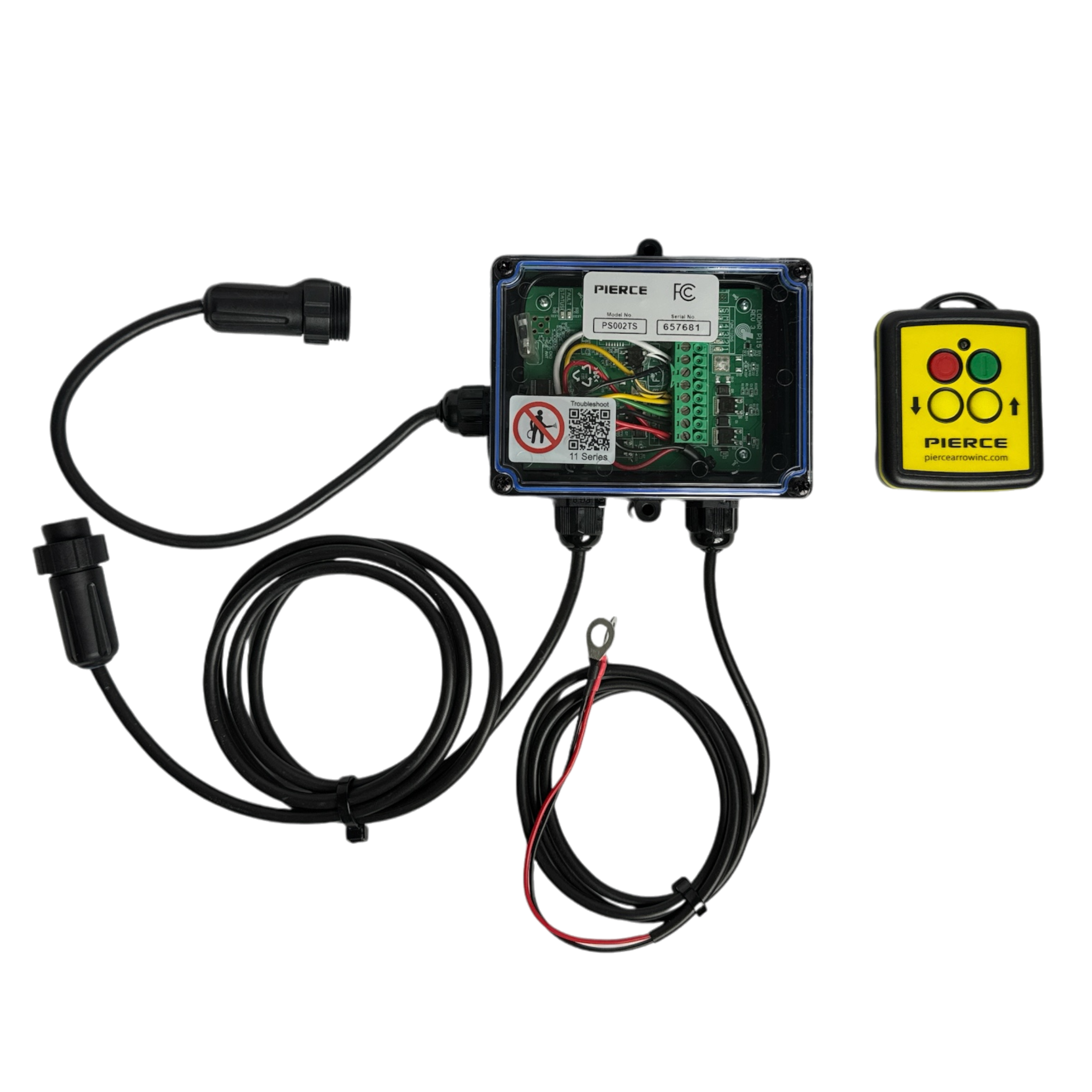 The PIERCE 2 Function Wireless Control System for Dump Trailer includes electronic components and wires, a control box, and a compact yellow remote with buttons, making it ideal for managing wireless systems on dump trailers.