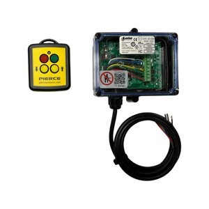 A PIERCE 2 Function Wireless Remote Control System, consisting of an electronic circuit board with cables enclosed in a clear box, is accompanied by a yellow wireless remote control that features red, green, and yellow buttons and operates at 433 MHz.