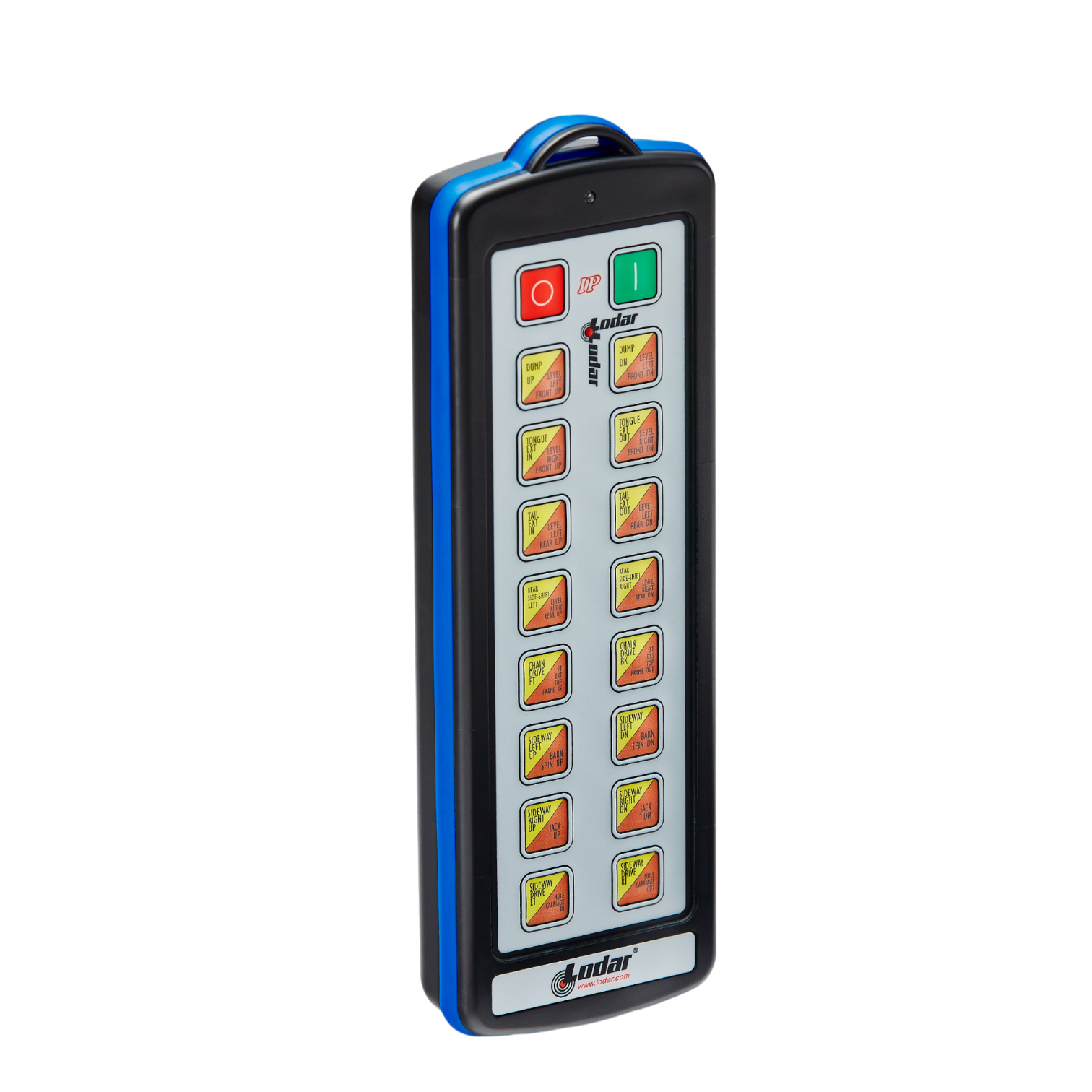 The 32 Function Lodar Replacement IP SHIFT Transmitter from Lodar LTD is a sophisticated remote control equipped with 20 yellow buttons, and features two prominent red and green buttons at the top. Its firmware guarantees smooth operation, offering precise control in any situation.