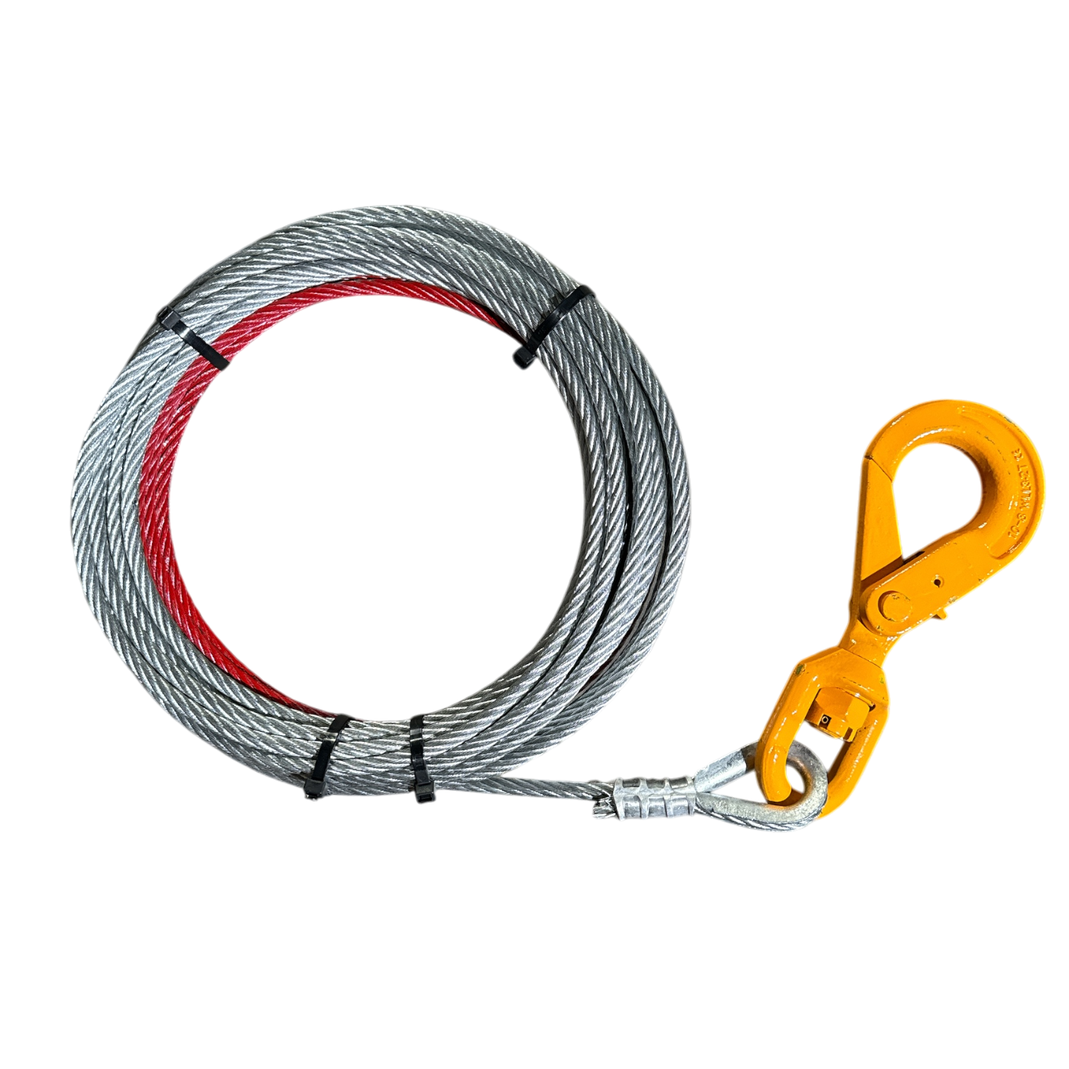 The PIERCE 3/8" Winch Cable includes a coiled steel cable with a yellow safety hook on one end and features a heavy-duty thimble for enhanced durability.