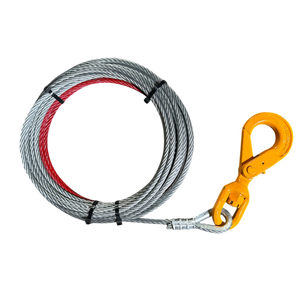 The PIERCE 3/8" Winch Cable includes a coiled steel cable with a yellow safety hook on one end and features a heavy-duty thimble for enhanced durability.