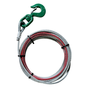 The PIERCE 3/8" Winch Cable, equipped with a green hook on one end and held together by black ties, offers impressive breaking strength.