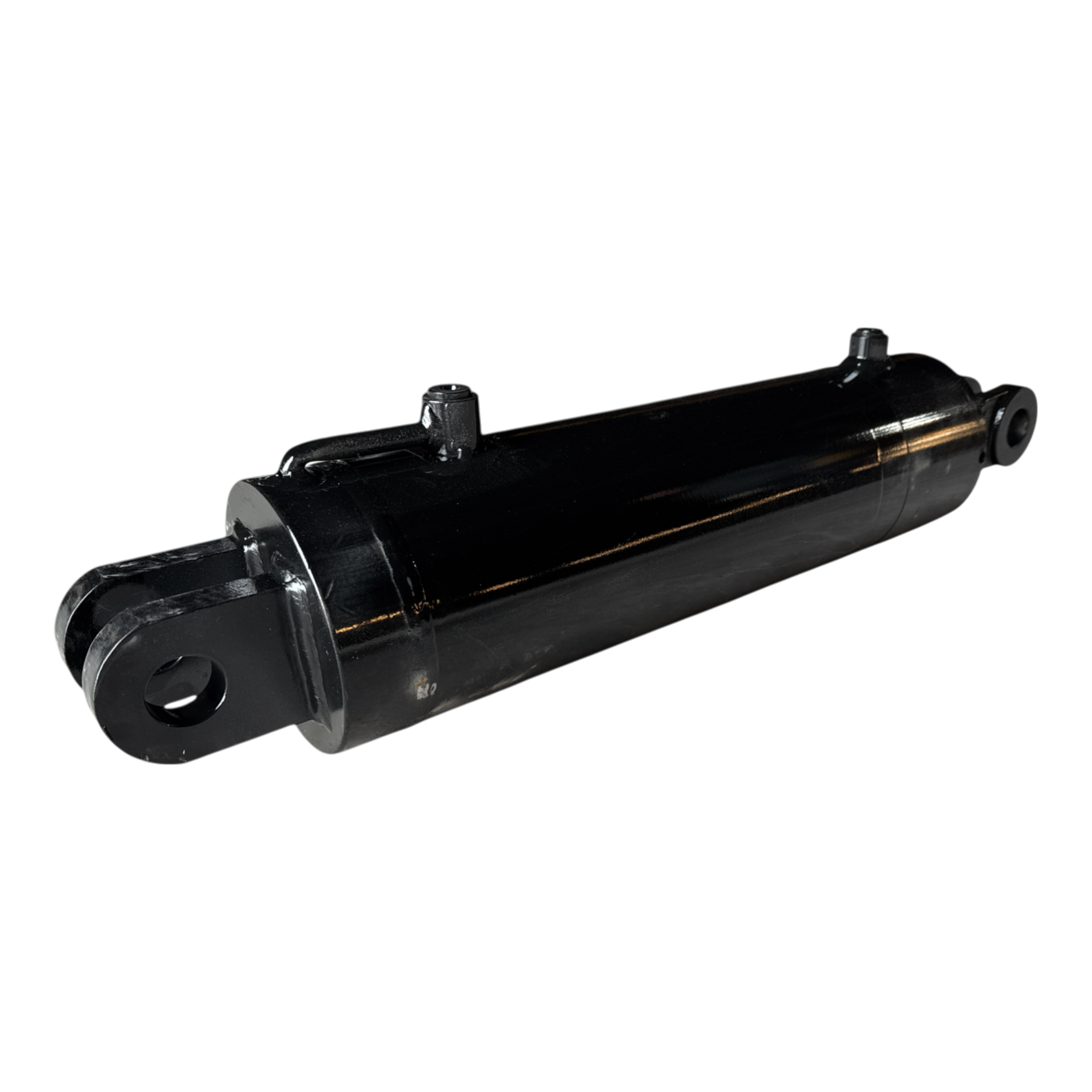 A PIERCE black welded hydraulic cylinder, 5-inch bore diameter and 14-inch stroke, featuring mounting holes on each end against a black background.