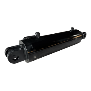 A PIERCE black welded hydraulic cylinder, 5-inch bore diameter and 14-inch stroke, featuring mounting holes on each end against a black background.