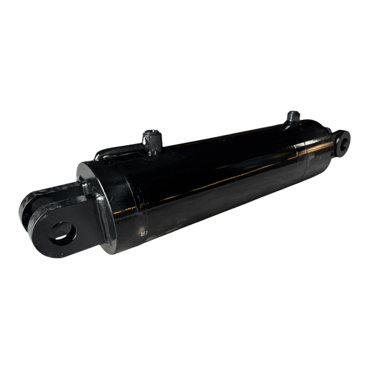 A PIERCE black welded hydraulic cylinder, 5-inch bore diameter and 14-inch stroke, featuring mounting holes on each end against a black background.