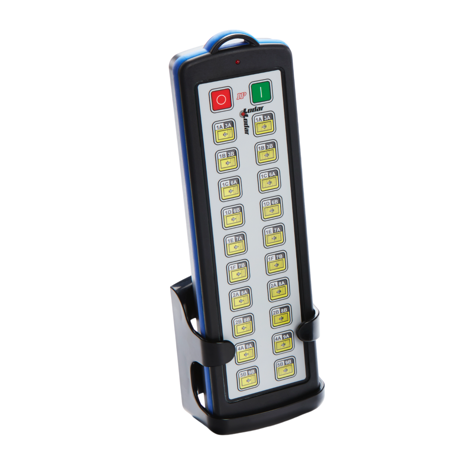 The 40 Function Lodar Replacement IP SHIFT Transmitter | 92 Series from Lodar LTD comes with a stylish black stand and 20 buttons, including several yellow ones for quick access. It features a prominent red stop button, a green start button, and advanced firmware to guarantee smooth remote control operation.