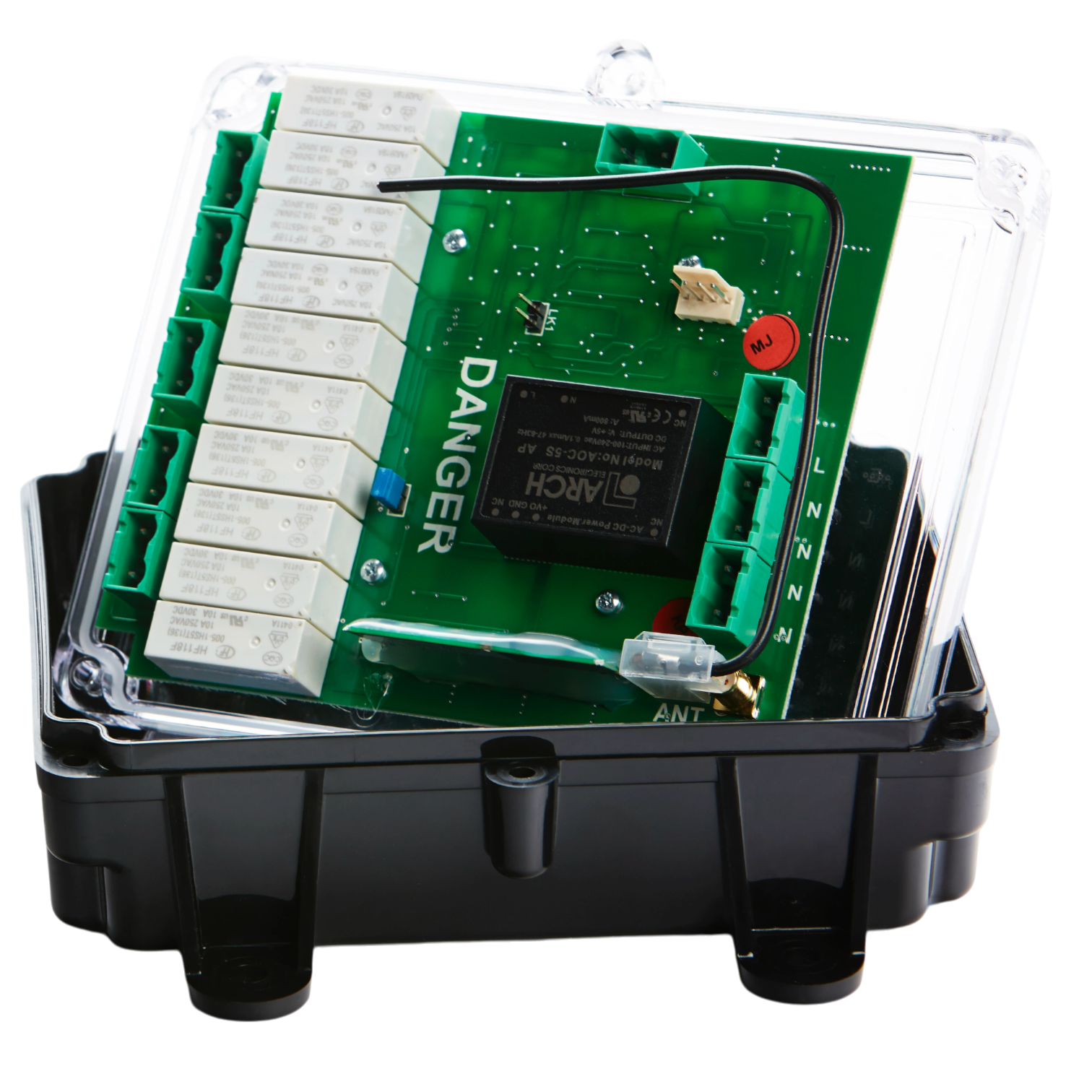 The Lodar LTD 4 Function 110V Replacement Relay Receiver, part of the 96 Series, features a transparent enclosure that encases a green circuit board with various components, all securely mounted within a black base. It is ideal for integration into 96 Series Systems as a replacement receiver for setups operating at 110V.