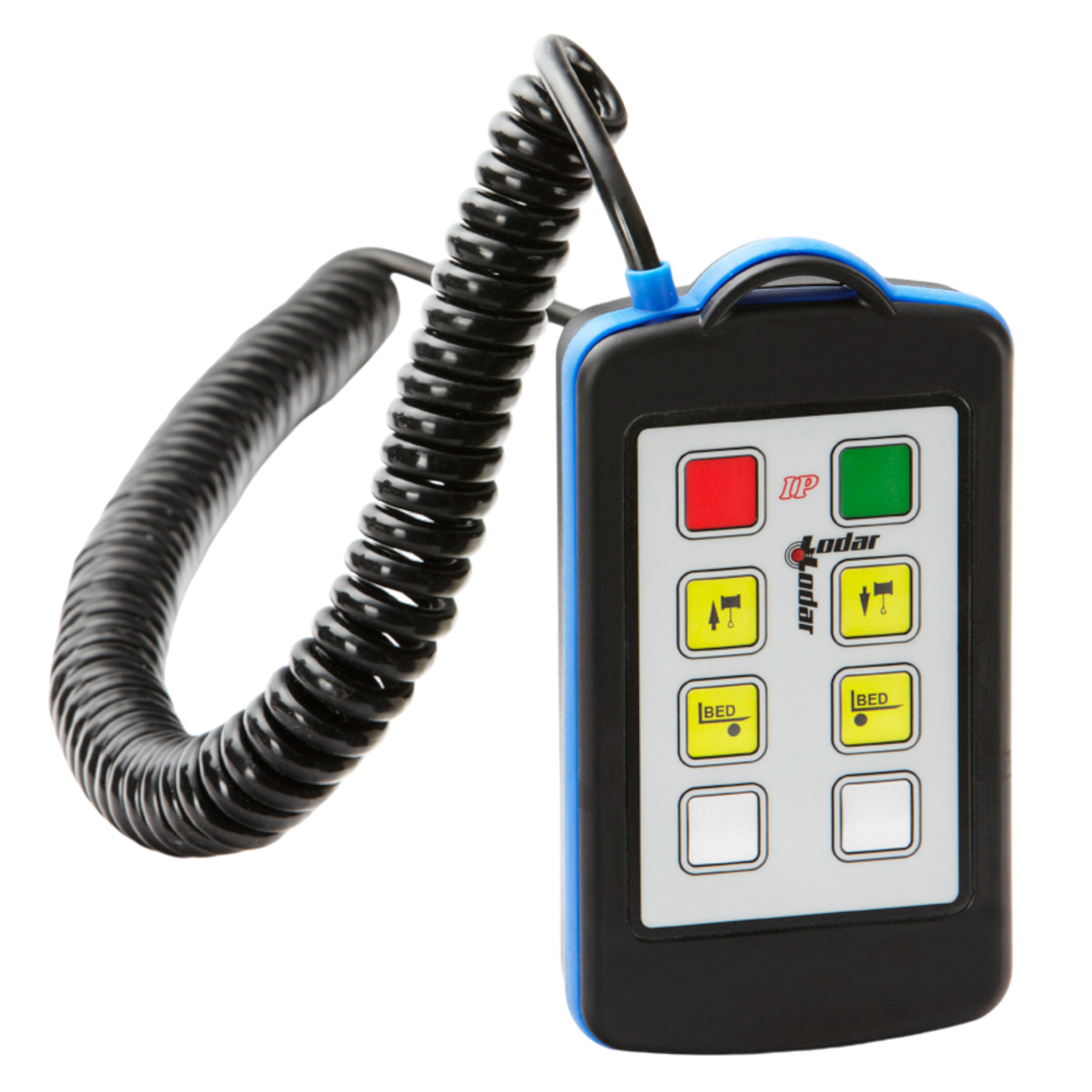 The 4 Function Lodar Hard-Wired Remote from the 9000 Series by Lodar LTD comes with a curly cable and is designed with multiple colored buttons and a digital display, providing versatile backup functionality.