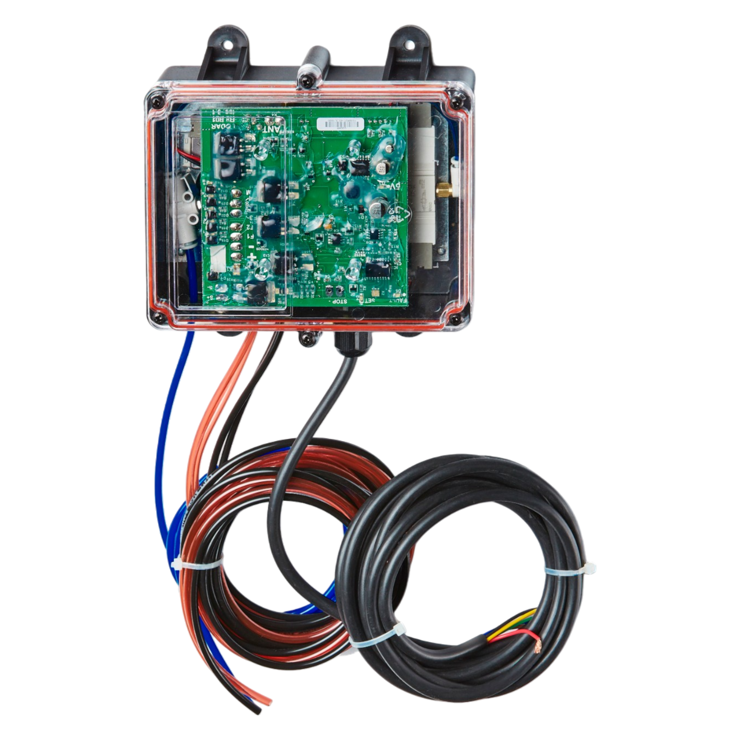 On a white background sits the 92 Series Lodar LTD 4 Function Lodar Replacement FET Air Receiver. This sleek electronic circuit board features a transparent casing and multiple wires attached, making it ideal for seamless integration into complex systems.