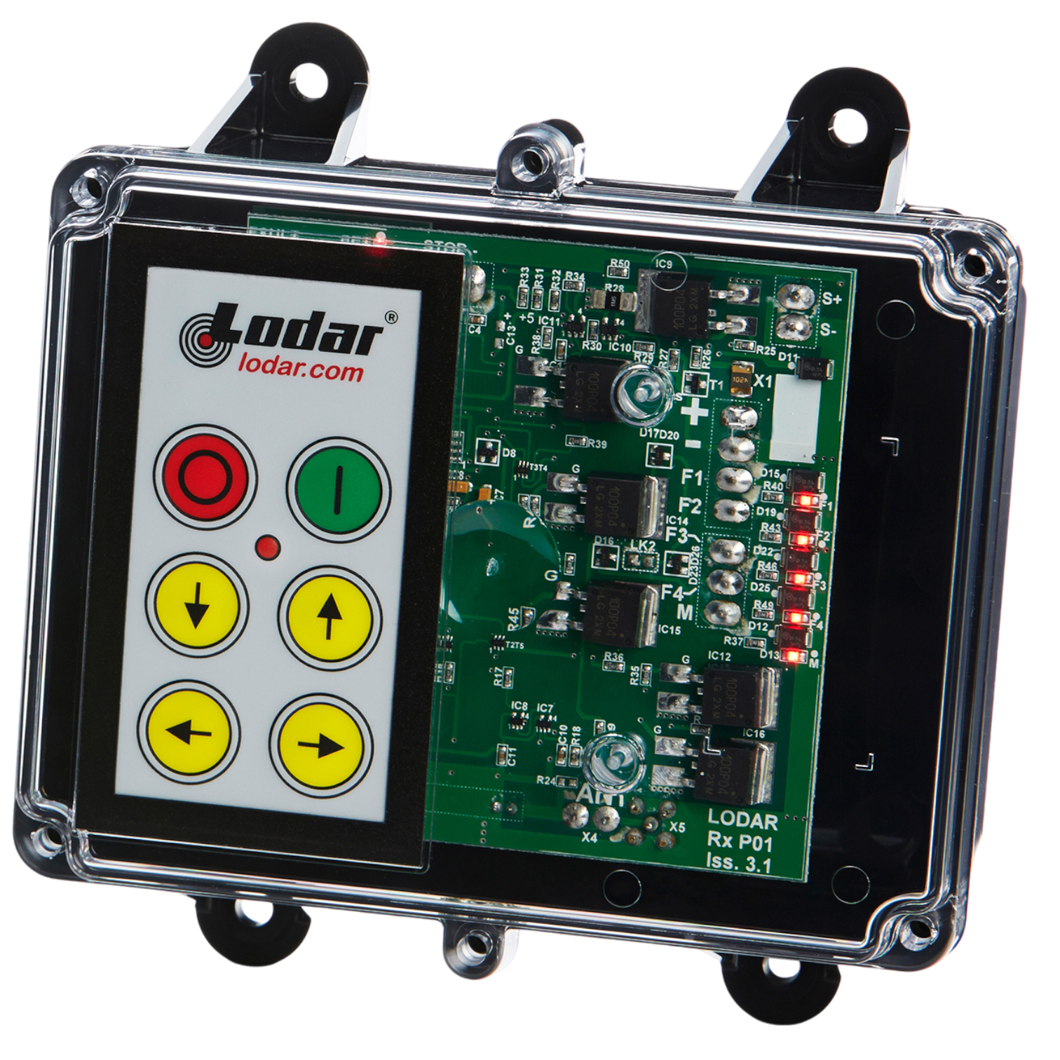 Close-up of the 4 Function Lodar Replacement FET Keypad Receiver, a product by Lodar LTD from the 92 Series, featuring buttons and a visible circuit board with a capacity to handle up to 10 amps.