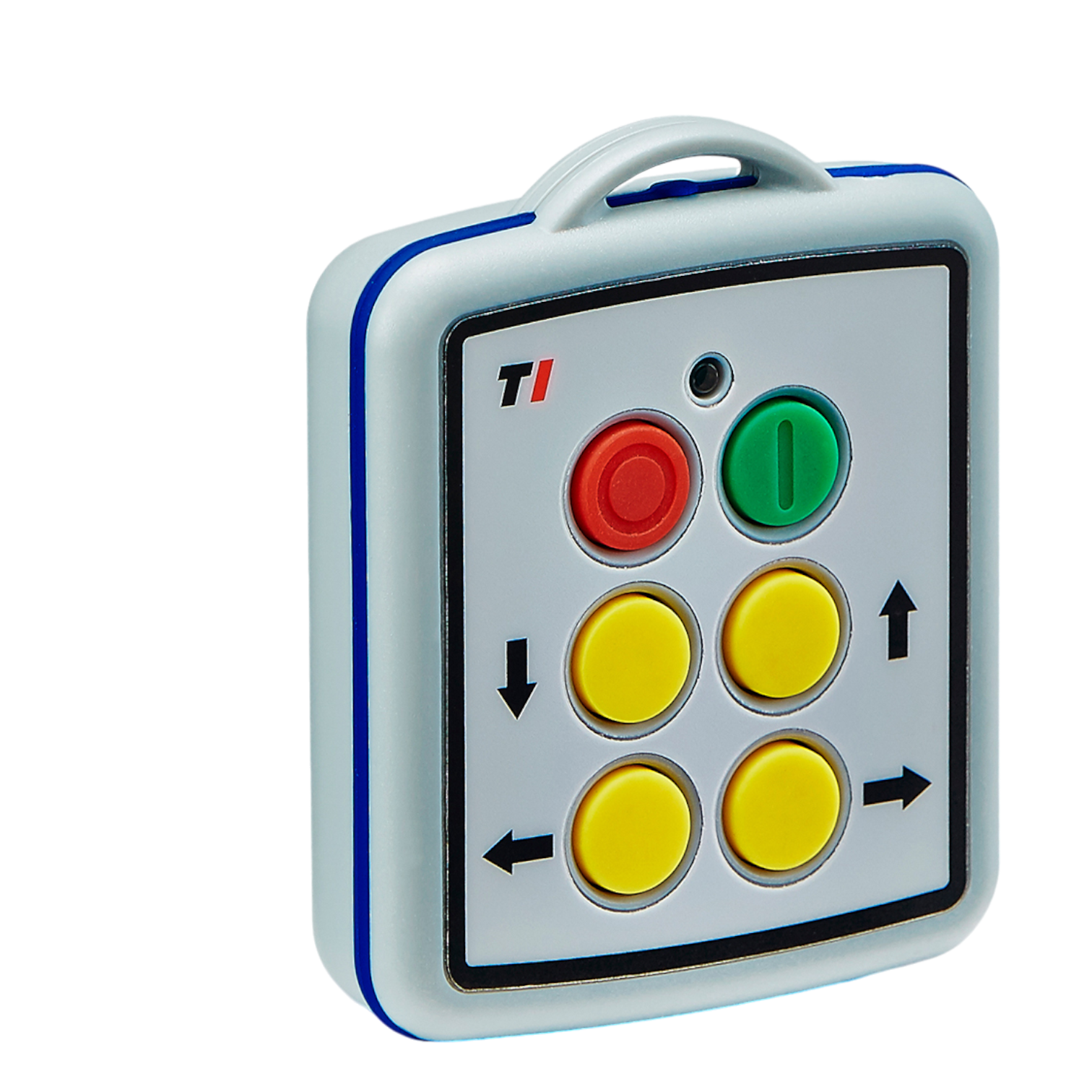 The 4 Function Lodar Replacement Mini Transmitter from Lodar LTD is a handheld remote control designed with colored buttons, including one red, one green, and four yellow featuring arrow symbols. It is compatible with the 11 Series and is ideal for use with 4-Function Lodar systems.