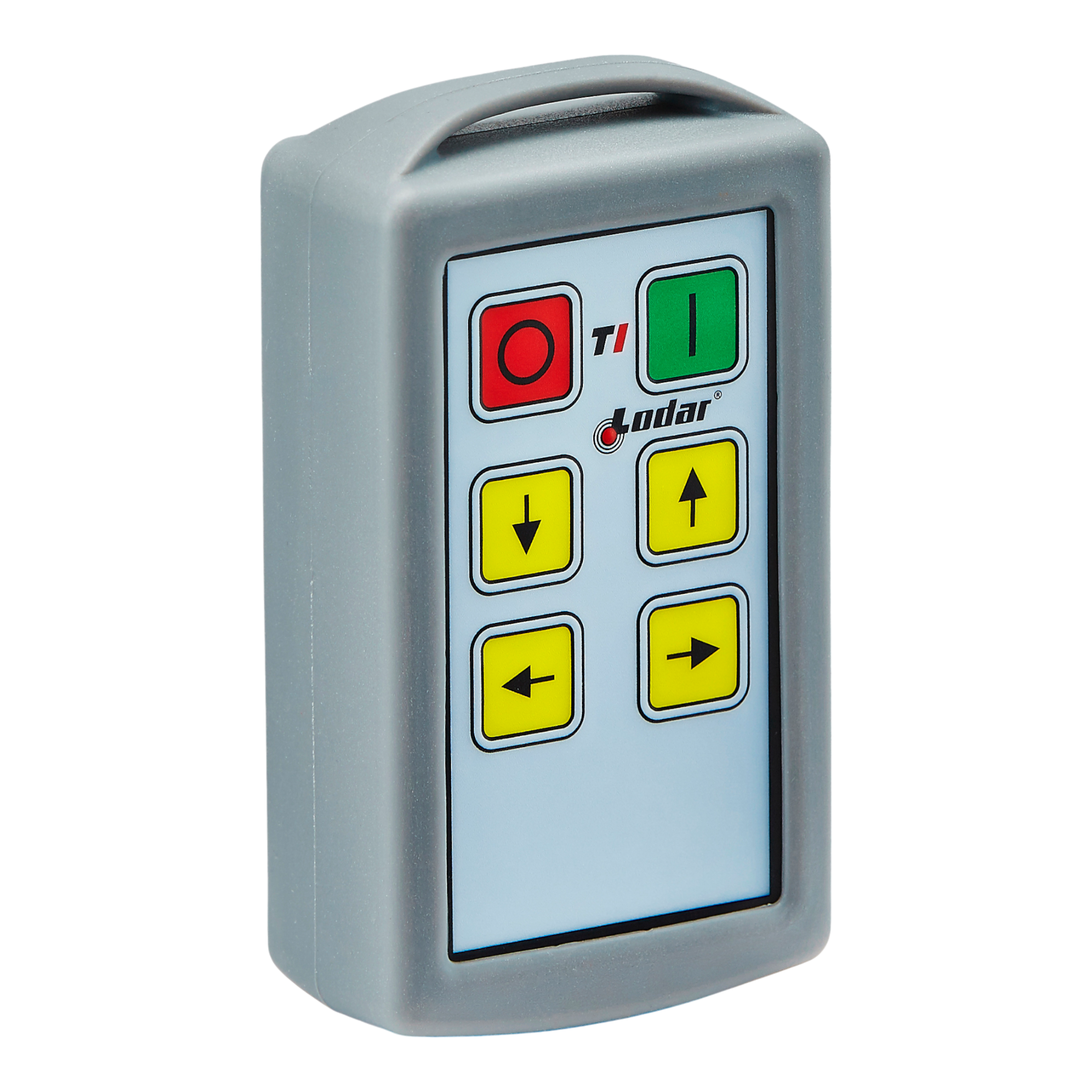 The 4 Function Lodar Replacement Standard Transmitter from Lodar LTD's 11 Series is a handheld remote control device equipped with colored buttons for directional and power functions. Ideal as a replacement for lost transmitters, it guarantees seamless operation with its user-friendly interface.