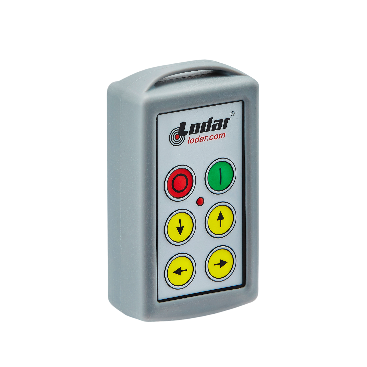 Lodar LTD's 9000 Series 4 Function Replacement Standard Transmitter features a gray design with colorful buttons, including arrows, a power symbol, and a stop symbol, blending seamlessly with the series.