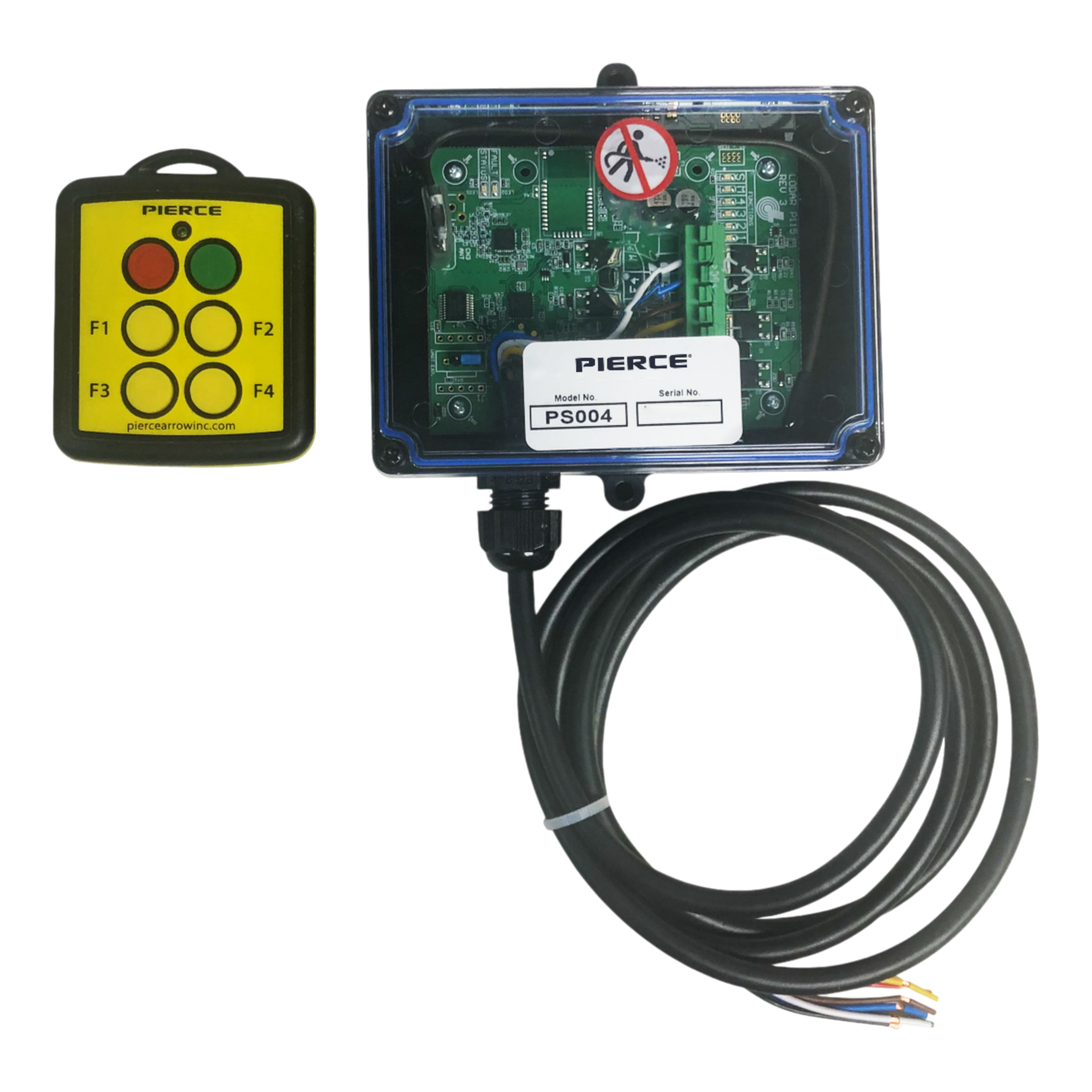 The PIERCE 4 Function Wireless Remote Control System includes a remote and circuit board with cables, seamlessly integrated for 12/24V equipment with a strong IP rating for durability.